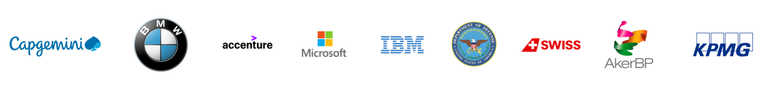 Logos: Capgemini, BMW, Accenture, Microsoft, IBM, US Gov, Swiss Air